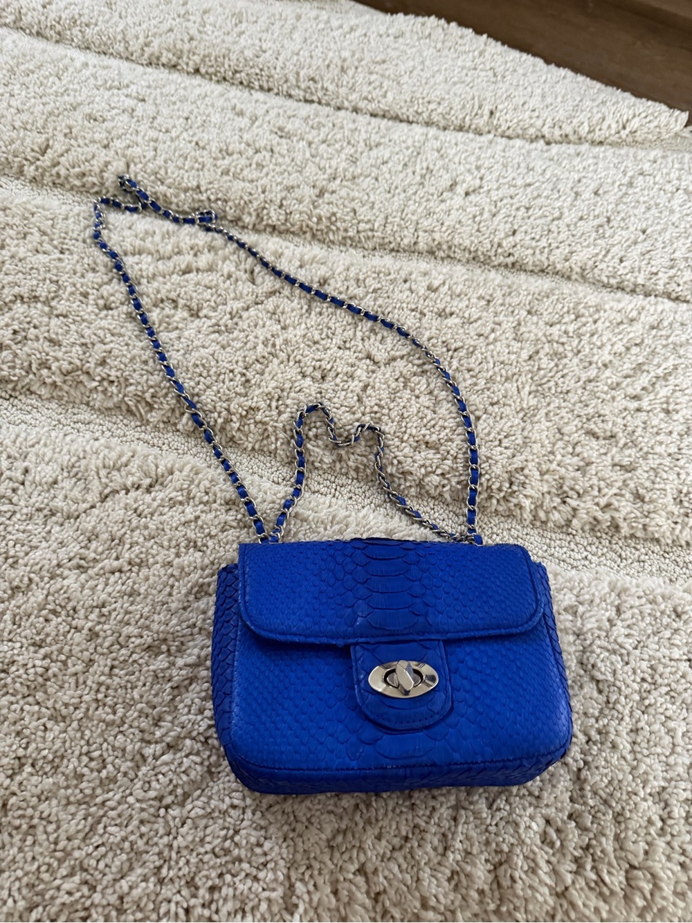 Electric Blue Snake-Embossed Chain Strap Crossbody